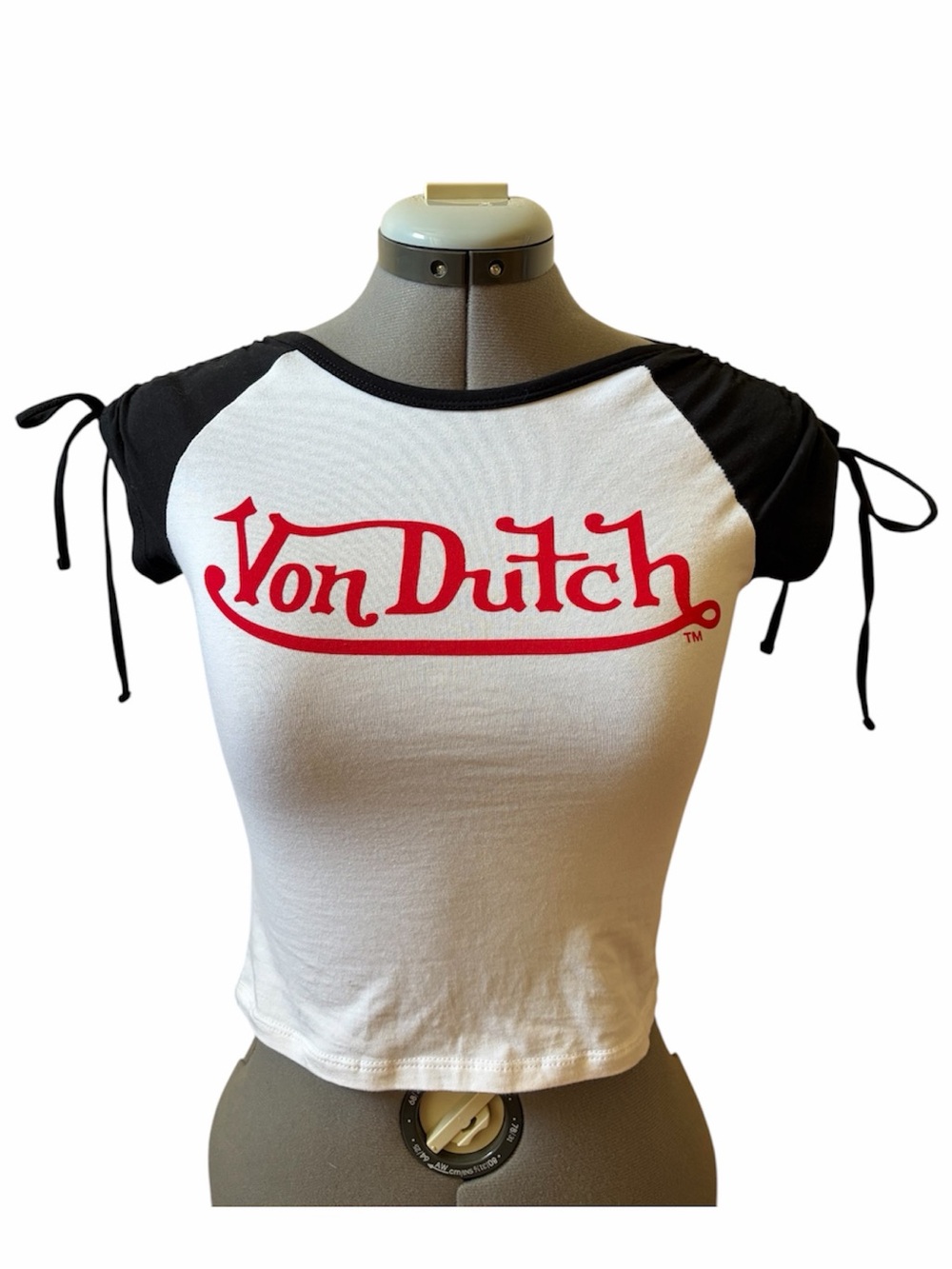 Von Dutch Y2K Cropped Baby Tee White Black Logo Graphic Tie Sleeve Top Retro